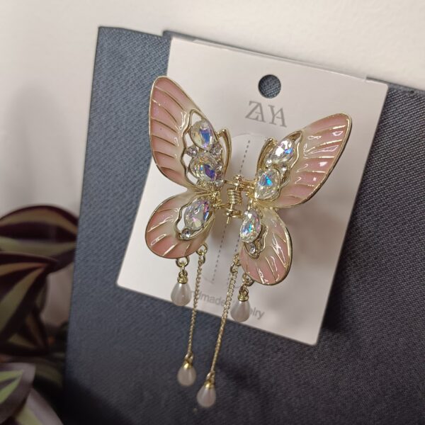 Grand Rhinestone Golden Butterfly Chain Claw - pink